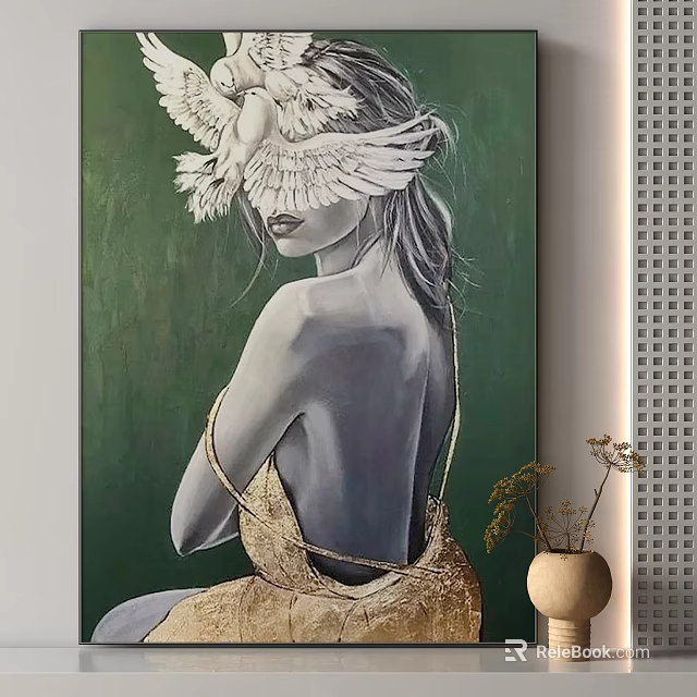 Contemporary Portrait Painting of Woman With Golden Strap Dress Green Background And White Feather Decoration 3d model 
