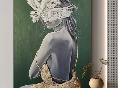 Contemporary Portrait Painting of Woman With Golden Strap Dress Green Background And White Feather Decoration 3d model