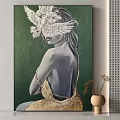 Contemporary Portrait Painting of Woman With Golden Strap Dress Green Background And White Feather Decoration
