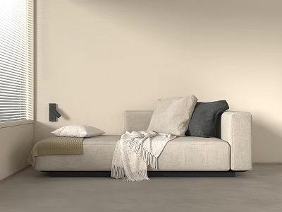 Minimalist Light Colored Sofa Bench With Throw Pillows Blanket And Window Blinds 3d model