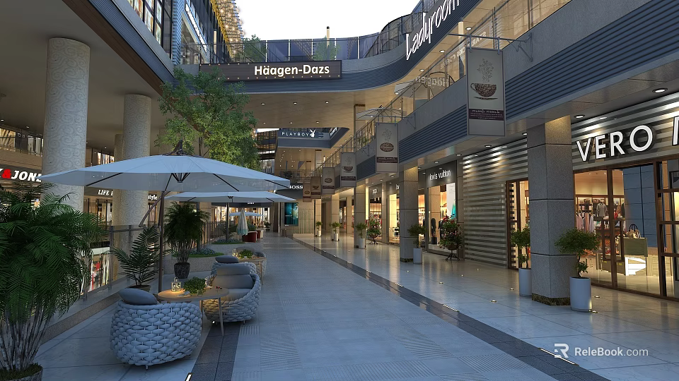 Spacious Commercial Street With Multi Level Retail Shops Outdoor Seating And Greenery 3d model 