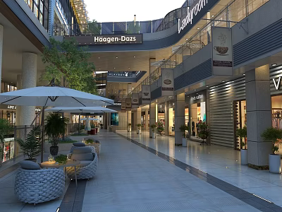 Spacious Commercial Street With Multi Level Retail Shops Outdoor Seating And Greenery 3d model