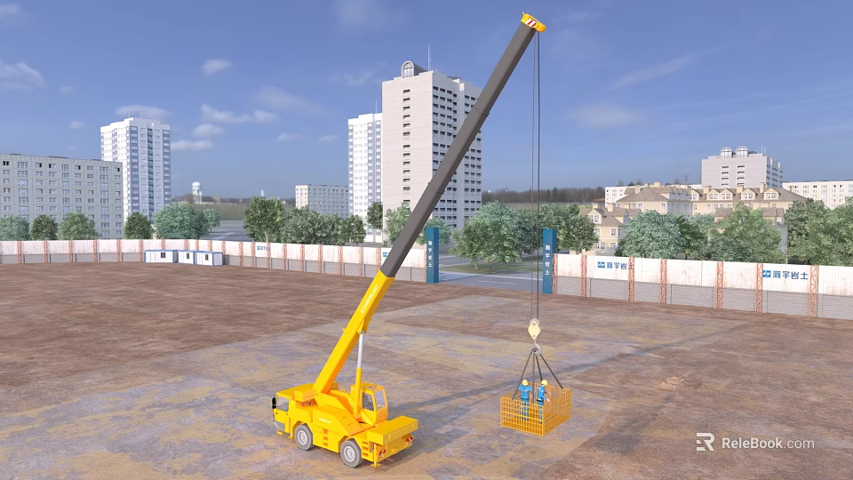 Yellow Construction Crane Lifting Blue Basket On Construction Site With Tall Buildings And Trees 3d model 