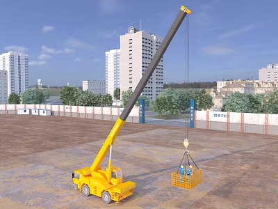 Yellow Construction Crane Lifting Blue Basket On Construction Site With Tall Buildings And Trees 3d model