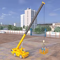 Yellow Construction Crane Lifting Blue Basket On Construction Site With Tall Buildings And Trees