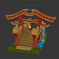 Traditional Japanese Torii Gate Structure With Wooden Bridge Lanterns Green Grass And Blue Water