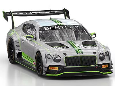 Bentley Silver Race Car With Green Stripes Rear Wing And Sporty Exterior Design 3d model