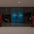 White Bear Statue In Modern Hallway With Dark Walls Marble Floor Lighting And Display Cabinets