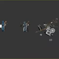 Vintage Blue Film Projectors on Tripods with Scattered Parts Against Dark Reflective Background
