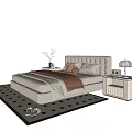 Double Bed with Tufted Headboard Soft Pillows Blanket and Nightstand Lamp on Patterned Rug