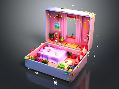 Cartoon Scene Of Box Shaped Room With Pink Purple Bed Plants Mirror And Stars 3d model
