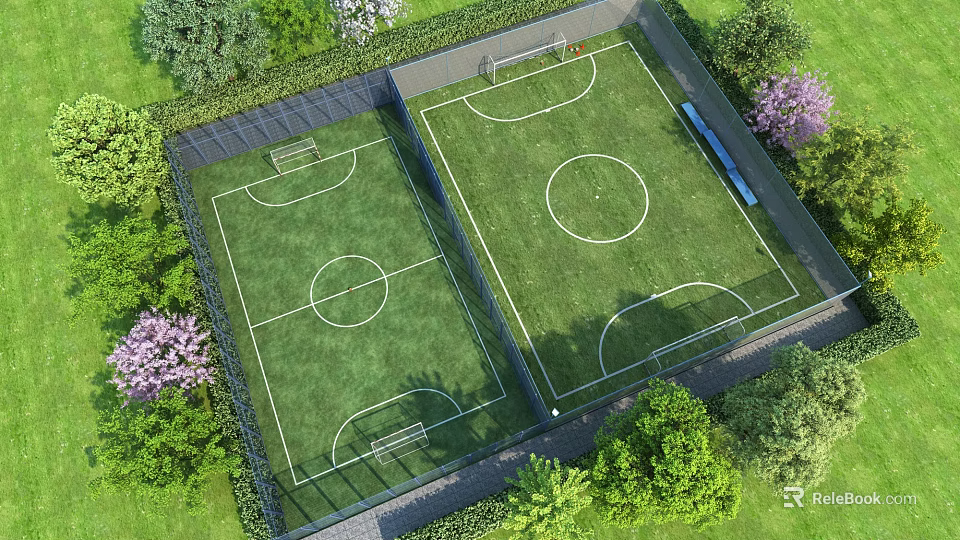 Aerial View Of Two Soccer Fields With Green Grass Purple Flowers And Trees 3d model 