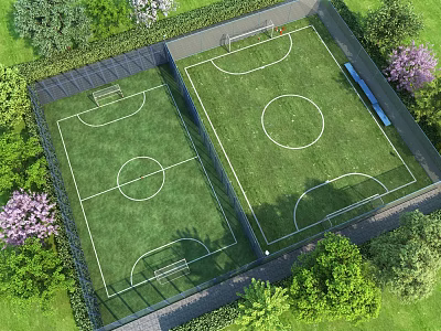 Aerial View Of Two Soccer Fields With Green Grass Purple Flowers And Trees 3d model