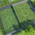 Aerial View Of Two Soccer Fields With Green Grass Purple Flowers And Trees