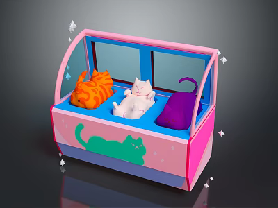 Pink Cat House With Orange White Cats Blue Interior Green Patterns And Stars 3d model
