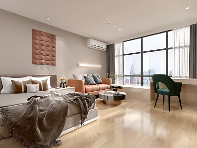 Modern Stylish Apartment Interior With Large Windows Orange Sofa And Green Accent Chair 3d model