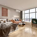 Modern Stylish Apartment Interior With Large Windows Orange Sofa And Green Accent Chair