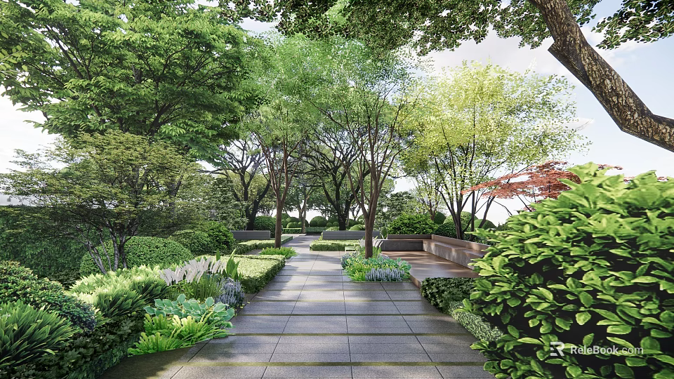 Diverse Plant Combination With Trees Bushes And Lush Greenery Along Garden Pathway 3d model 