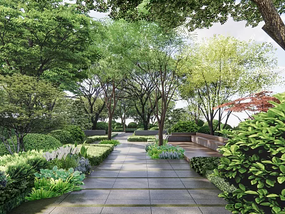 Diverse Plant Combination With Trees Bushes And Lush Greenery Along Garden Pathway 3d model