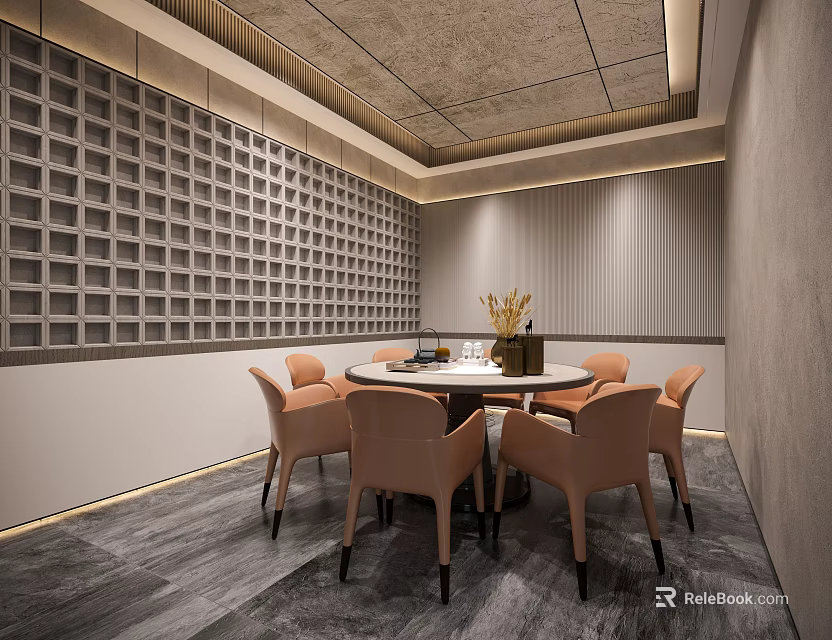 Stylish Private Dining Room With Round Table And Orange Chairs 3d model