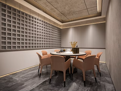 Stylish Private Dining Room With Round Table And Orange Chairs 3d model