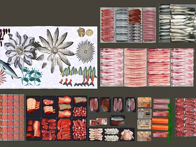 Assorted Fresh Seafood and Meat Cuts Including Fish Shrimp Lobster Beef Pork Arranged in Trays 3d model