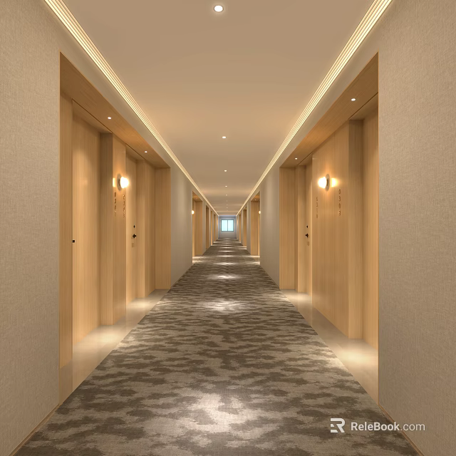 Modern Hotel Corridor With Wooden Doors Wall Lamps And Patterned Carpet 3d model 