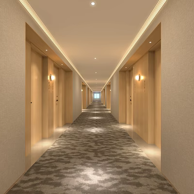 Modern Hotel Corridor With Wooden Doors Wall Lamps And Patterned Carpet 3d model