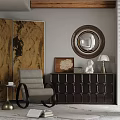 Elegant Beige Leisure Chair With Black Armrests Gold Screen Round Mirror And Brown Cabinet Decor
