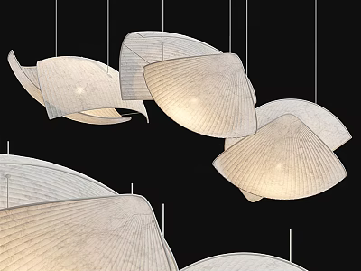 Modern Artistic Pendant Lights With Curved Fabric Shades Hanging In Black Background 3d model