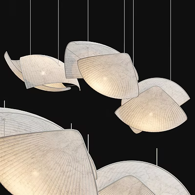 Modern Artistic Pendant Lights With Curved Fabric Shades Hanging In Black Background 3d model