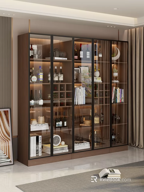 Modern Glass Door Wine Cabinet With Multiple Shelves Wine Bottles Books And Decorations 3d model 
