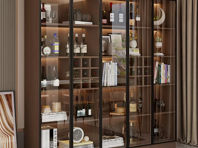 Modern Glass Door Wine Cabinet With Multiple Shelves Wine Bottles Books And Decorations 3d model