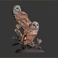 Two Brown Wooden Owl Sculptures Perched On Branch With Green Leaves Red Berries And Base