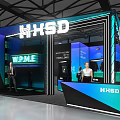 Modern Exhibition Booth Design With Blue Green Lighting Clothing Display And WHSB 2023 Concept