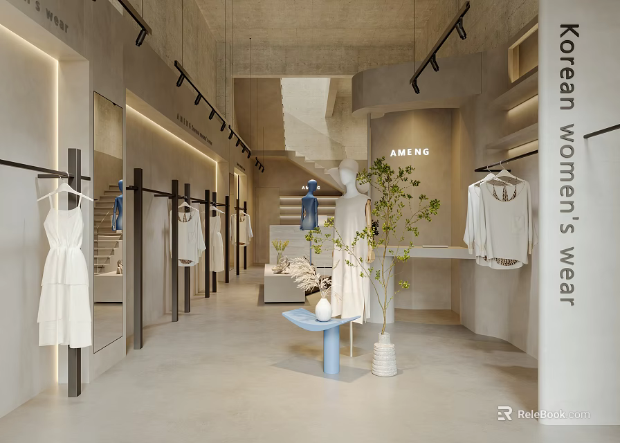 Modern Minimalist Korean Women's Clothing Store With White Dresses Mannequins And Hanging Clothes 3d model 