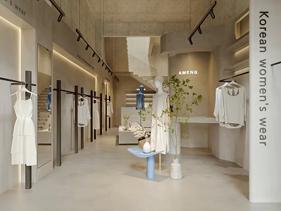 Modern Minimalist Korean Women's Clothing Store With White Dresses Mannequins And Hanging Clothes 3d model