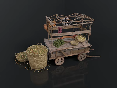 Traditional Wooden Food Cart Displaying Fresh Vegetables and Grain in Wicker Basket with Scattered Spills 3d model
