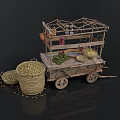 Traditional Wooden Food Cart Displaying Fresh Vegetables and Grain in Wicker Basket with Scattered Spills