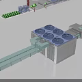 Industrial Factory Interior With Red Pipes Gray Containers Blue Machinery and Green Spheres