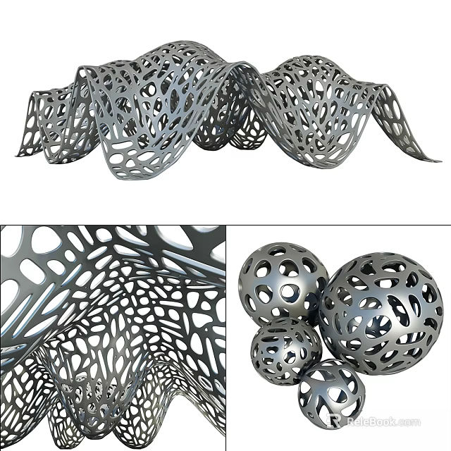 Modern Metallic Garden Ornaments with Intricate Perforated Wavy and Spherical Shapes 3d model 