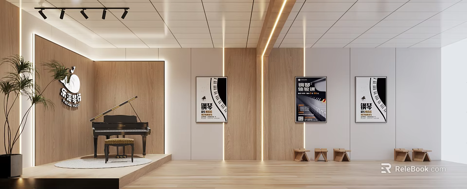 Modern Music Classroom Interior With Piano And Posters 3d model 