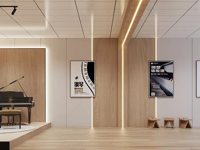 Modern Music Classroom Interior With Piano And Posters 3d model