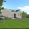 White Detached House With Blue Roof Lawn Patio Stone Pathway Outdoor Furniture And Trees