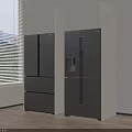 Modern Kitchen Interior With Dark Colored Refrigerator Cabinets And Window Blinds 3d model