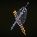 Ornate Medieval Shield And Sword With Blue Surface Red Emblem Yellow Accents