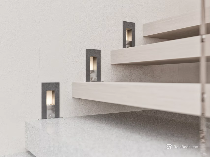 Modern Metal Wall Sconces On Staircase Steps With Warm Light Illuminating 3d model 