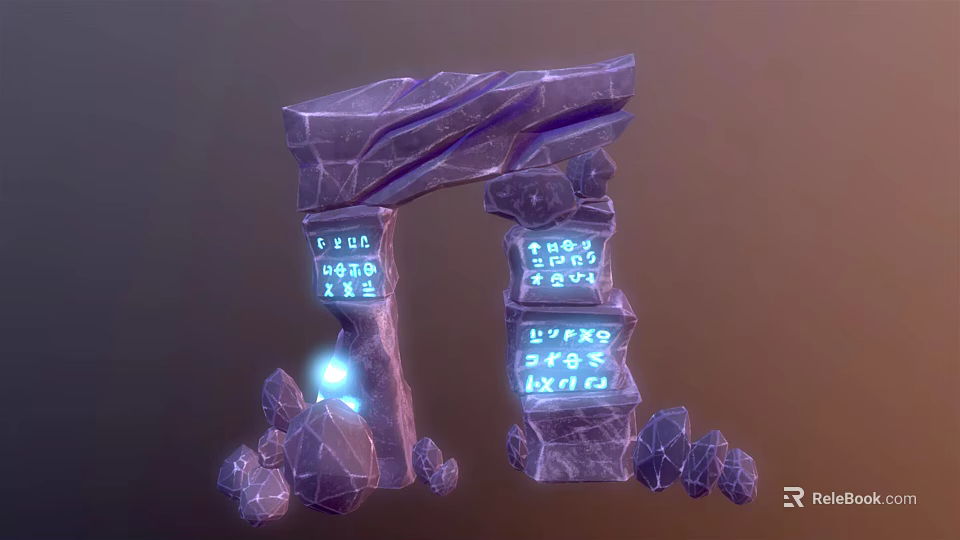 Purple Stone Archway Structure with Glowing Runes on Both Sides and Base Stone Decorations 3d model 