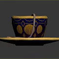 Ornate Blue And Gold Teacup With Saucer Moon Star Patterns Twisted Handle And Teabag
