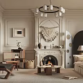 Elegant Living Room Interior With Fireplace Chandelier Sofa Macramé Wall Hanging And Arched Doorway